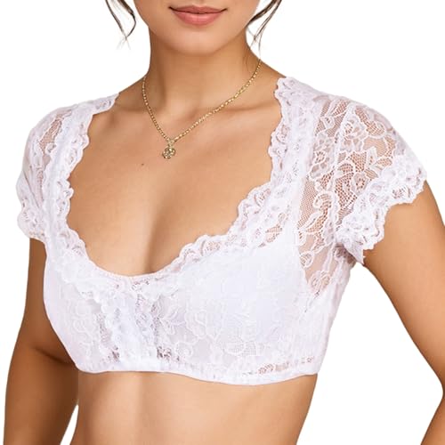 FEOYA Damen Dirndlbluse Spitze Weiß Dirndlbluse Kurzarm Oktoberfest Dirndlblusen Halbarm Tracht Elegant Bluse V Ausschnitt XL von FEOYA