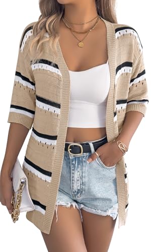FEOYA Damen Dünne Strickjacke Sommer Kurzarm Cardigan Boho Kimono Leichte Häkel Strickjacken Strand Cover Up Urlaub Hellbraun L von FEOYA
