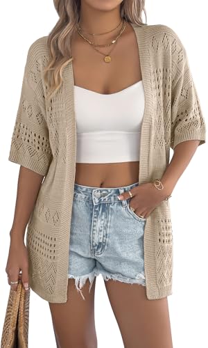 FEOYA Damen Dünne Strickjacke Sommer Kurzarm Cardigan Boho Kimono Leichte Häkel Strickjacken Strand Cover Up Urlaub Khaki L von FEOYA