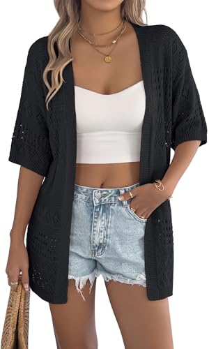 FEOYA Damen Dünne Strickjacke Sommer Kurzarm Cardigan Boho Kimono Leichte Häkel Strickjacken Strand Cover Up Urlaub Schwarz XL von FEOYA