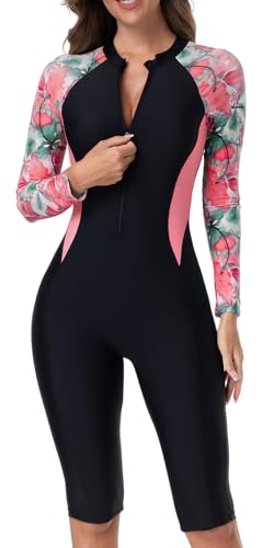 FEOYA Damen Einteiler Rashguard mit Bein Langarm Badeanzug UPF 50 Surfanzug Reißverschluss Neoprenanzug Bademode Schwimmshirt Schwarz Rosa XL von FEOYA