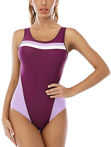 FEOYA Damen Einteilige Athletic Racerback Badeanzug Modest Sport Badeanzug C-Lila XXL von FEOYA