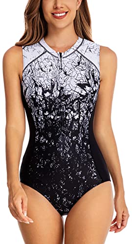 FEOYA Damen Einteiliger Badeanzug Ärmellos Einteiliger Rash Guard Zip Front Badeanzug Gedrucktes Schwimmkostüm Athletische Surfen Bademode Zip Up Neoprenanzug Baden Schwarz L von FEOYA