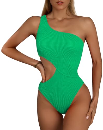 FEOYA Damen Einteiliger Badeanzug Cut Out Sexy Bademode Gerippter Bauch Kontrolle Badeanzüge A-Grün S von FEOYA