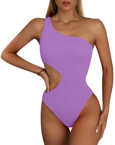 FEOYA Damen Einteiliger Badeanzug Cut Out Sexy Bademode Gerippter Bauch Kontrolle Badeanzüge A-Lila M von FEOYA