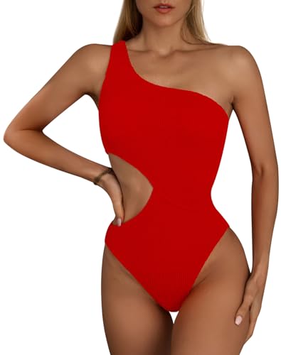 FEOYA Damen Einteiliger Badeanzug Cut Out Sexy Bademode Gerippter Bauch Kontrolle Badeanzüge A-Rot M von FEOYA