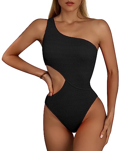 FEOYA Damen Einteiliger Badeanzug Cut Out Sexy Bademode Gerippter Bauch Kontrolle Badeanzüge A-Schwarz XL von FEOYA