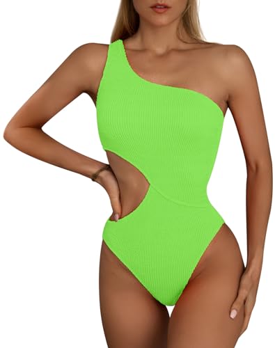 FEOYA Damen Einteiliger Badeanzug Cut Out Sexy Bademode Gerippter Bauch Kontrolle Badeanzüge A-fluoreszierend grün M von FEOYA