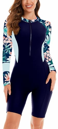 FEOYA Damen Einteiliger Badeanzug Langarm Rash Gurad mit Reißverschluss Boyleg-Badeanzüge UV-Schutz Surfen Sportliche Badebekleidung A6 L von FEOYA