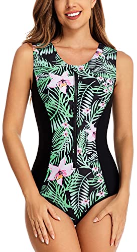 FEOYA Damen Einteiliger Badeanzug mit Front Zip Ärmelloses Schwimmkostüm Für Frauen Zip Up Rash Guard Neoprenanzug Athletische Surf Bademode Sonnenschutz Blumendruck Badeanzug Grün M von FEOYA