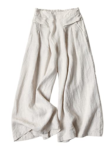 FEOYA Damen Elastische Taille Leinen Hose 9/10 Weite Bein Atmungsaktive Sommer Loose Herstellergröße 3XL/ DE42 von FEOYA