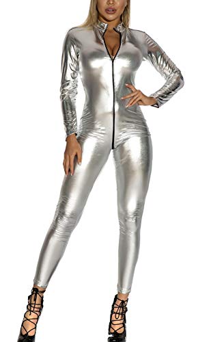 FEOYA Damen Eritic Kleidung Nachtkleidung Stretch Leder Long Jumpsuit Kostüm Erwachsene Kostüme Catsuit Catwomen Kleidung Push Up mit Front Reißverschluss von FEOYA