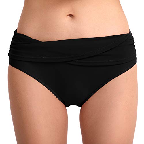 FEOYA Damen Faltig Bikinislip Slip Badeshorts Badeslip Bottom Unterteil Panty Höschen Hipster Brazilian Kurze Hose Rüsche Design Schwarz XL von FEOYA