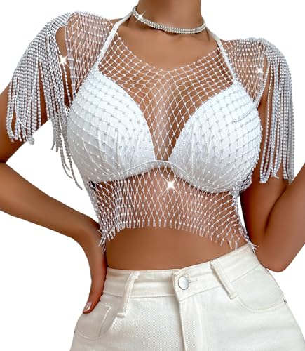 FEOYA Damen Fischnetz Strass Crop Top Glänzendes Mesh Körper Kette Tops Einfarbig Funkelnde Sheer Mesh Bikini Top Diamant Rave Club Festival Outfit 02 weiß L von FEOYA