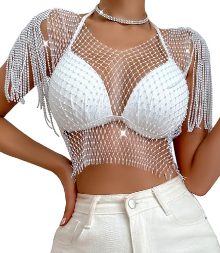 FEOYA Damen Fischnetz Strass Crop Top Glänzendes Mesh Körper Kette Tops Einfarbig Funkelnde Sheer Mesh Bikini Top Diamant Rave Club Festival Outfit 02 weiß XS von FEOYA