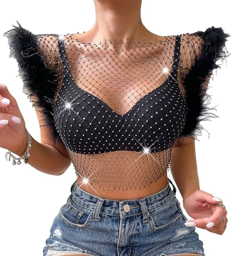 FEOYA Damen Fischnetz Strass Crop Top Glänzendes Mesh Körper Kette Tops Einfarbig Funkelnde Sheer Mesh Bikini Top Diamant Rave Club Festival Outfit schwarz-1 L von FEOYA