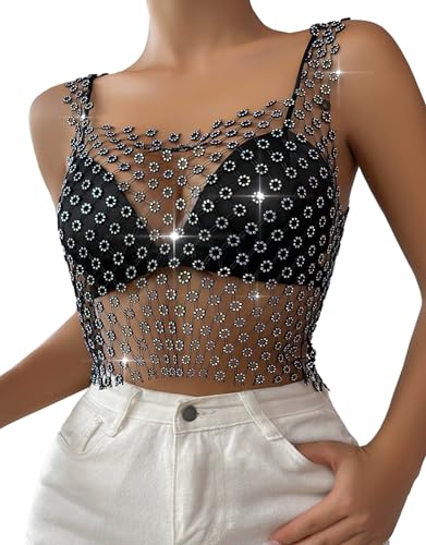 FEOYA Damen Fischnetz Strass Crop Top Glänzendes Mesh Körper Kette Tops Einfarbig Funkelnde Sheer Mesh Bikini Top Diamant Rave Club Festival Outfit schwarz-2 M von FEOYA