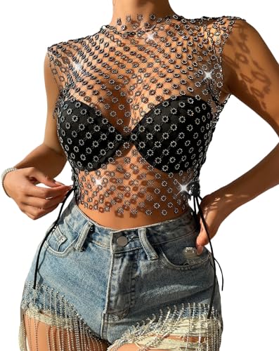 FEOYA Damen Fischnetz Strass Crop Top Glänzendes Mesh Körper Kette Tops Einfarbig Funkelnde Sheer Mesh Bikini Top Diamant Rave Club Festival Outfit schwarz-3 L von FEOYA