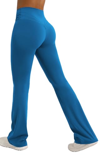 FEOYA Damen Flare Leggings Bootcut Lange Schlaghose Yogahose Crossover Bell Bottom Fitnesshose Stretch Workout Leggings Blau XXL von FEOYA