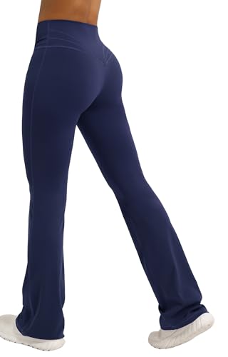 FEOYA Damen Flare Leggings Bootcut Lange Schlaghose Yogahose V Cross Taille Bell Bottom Stretch Fitnesshose Sporthose Navy S von FEOYA