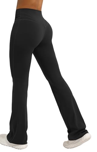 FEOYA Damen Flare Leggings Bootcut Lange Schlaghose Yogahose V Cross Taille Bell Bottom Stretch Fitnesshose Sporthose Schwarz M von FEOYA