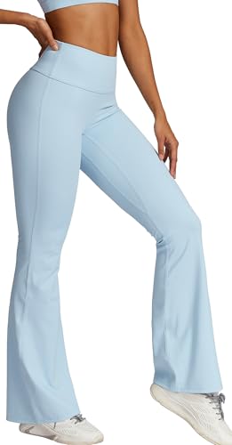 FEOYA Damen Flare Scrunch Leggings Bootcut Schlaghose Yoga Leggings Hohe Taille Lange Sporthose Fitnesshose Leggings Blau M von FEOYA