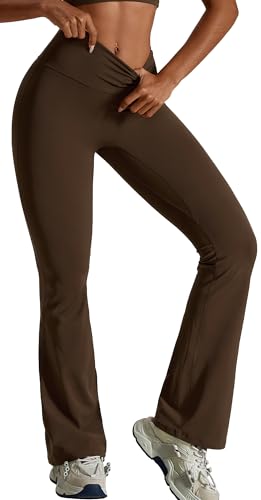 FEOYA Damen Flare Scrunch Leggings Bootcut Schlaghose Yoga Leggings Hohe Taille Lange Sporthose Fitnesshose Leggings Kaffee M von FEOYA