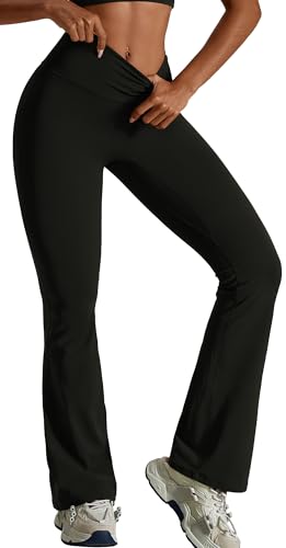 FEOYA Damen Flare Scrunch Leggings Bootcut Schlaghose Yoga Leggings Hohe Taille Lange Sporthose Fitnesshose Leggings Schwarz M von FEOYA
