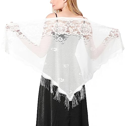 FEOYA Damen Floral Spitze Schal Dreieckstuch Stola mit Quasten Abend Party Hochzeit Mesh Schals B- Weiß von FEOYA