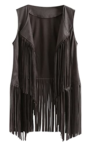 FEOYA Damen Fransen Weste Cardigan Hippie Gilet Kurz Ärmellos Ethnische Quasten Jacke Wildleder Retro Weste Mantel Bequem Mantel von FEOYA