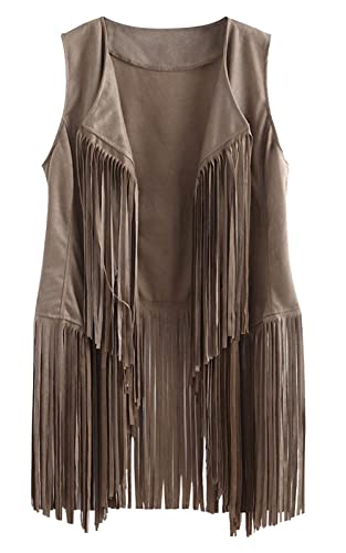 FEOYA Damen Fransen Weste Strickjacke mit offener Vorderseite Hippie Faux Wildleder Fransen Vintage Weste Lange Weste mit Quasten Hippie Gilet Beige L von FEOYA