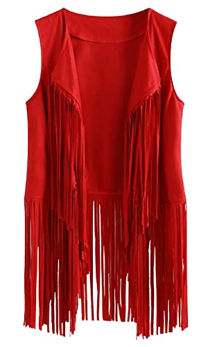 FEOYA Damen Fransen Weste Strickjacke mit offener Vorderseite Hippie Faux Wildleder Fransen Vintage Weste Lange Weste mit Quasten Hippie Gilet Rot L von FEOYA