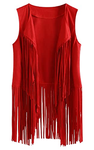 FEOYA Damen Fransenweste ärmellose Quaste Jacke Mantel Faux Wildleder Open Front Cardigans Casual Vintage Hippie Weste Mode Revers Lose Weste S-3XL, rot, 50 von FEOYA