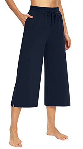 FEOYA Damen Freizeithosen 3/4 Sommer Capri Hose Elastische Taille Weitem Bein Hose mit Seitentaschen Locker Casual Hose von FEOYA