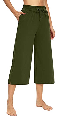 FEOYA Damen Freizeithosen 3/4 Sommer Capri Hose Elastische Taille Weitem Bein Hose mit Seitentaschen Locker Casual Hose von FEOYA