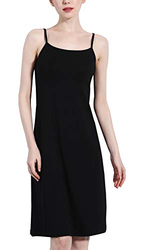 FEOYA Damen Full Slip Kleid Weiche Baumwolle Unterkleid Spaghettiträger Cami Kleid Nahtlos Basic Nachtwäsche Chemise Nachthemden, Midi – Schwarz, M von FEOYA