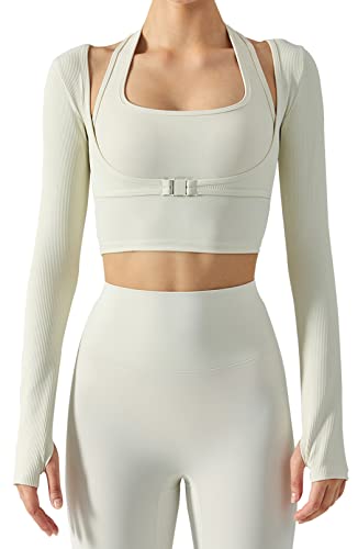 FEOYA Damen Gerippte Sport Oberteile mit Daumenloch Bauchfrei Langarm Laufshirt 2 in 1 Sportshirt für Yoga Fitness Gym Workout Radfahren Jogging L von FEOYA