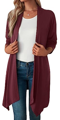 FEOYA Damen Gestrickt Langarmshirt Open Front Cardigan Weiche Leichte Strickjacke Basic Solid Schulterjacke Größe L-Weinrot von FEOYA