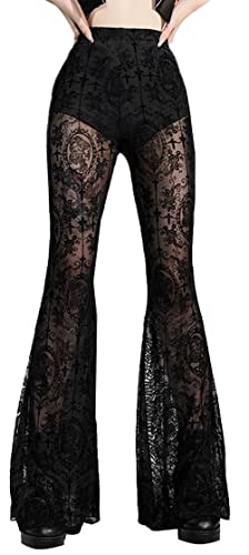 FEOYA Damen Goth Velvet Flare Hose Lace Patchwork Schwarz Hose Goth Punk Floral Sheer Mesh Bell Bottom Trousers B1 M von FEOYA