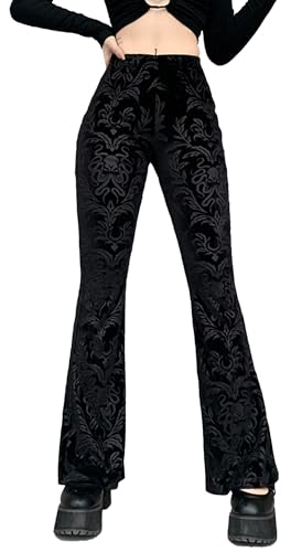 FEOYA Damen Gothic Ausgestellte Samt Hosen Hohe Taille Skinny Spitze Hosen Punk Durchsichtig Bell Bottoms Mode Patchwork Harajuku Hip Hop Hosen Büro/Party/Streetwear/Halloween/Yoga, 01 black, S von FEOYA