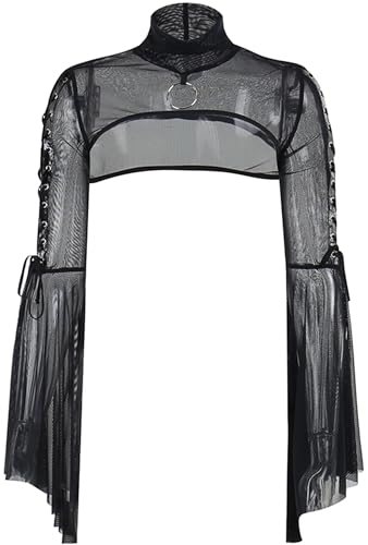 FEOYA Damen Gothic Lolita Spitze Shrug Schwarz Bolero Shrug Top Lang Ärmel Punk Crop Top für Abendkleider Kurze Strickjacke Schwarz-7 S von FEOYA