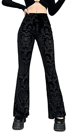 FEOYA Damen Gothic Schwarze Hose Hohe Taille Samt Schlaghose Slim Fit Weites Bein Schlaghose Lange Hose A1 S von FEOYA