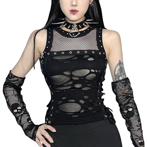 FEOYA Damen Gothic Top Y2k Crop Top Spitze Goth Tank Top Punk Hohle Top Vintage Vest Patchwork Bodycon T-Shirt Festlich Streetwear S von FEOYA
