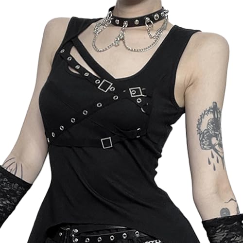 FEOYA Damen Gothic Top Y2k Crop Top Spitze Goth Tank Top Punk Hohle Vest Vintage Top Patchwork Bodycon T-Shirt Festlich Streetwear L von FEOYA