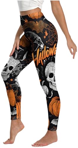 FEOYA Damen Halloween Leggings 3D Druck Bunte Kürbis Leggings Stretch Hohe Taille Skinny Festliche Hosen Karneval Kostüm Schwarz M von FEOYA