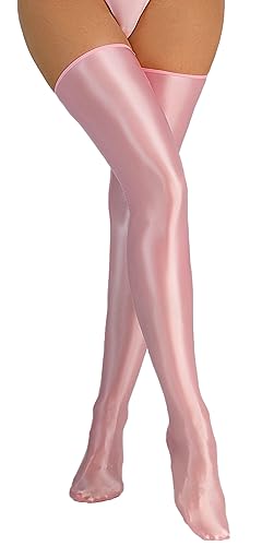 FEOYA Damen Halterlose Strümpfe Metallic Glänzende Kniestrümpfe Overknees Stockings Lang Öl Glänzend Rosa von FEOYA