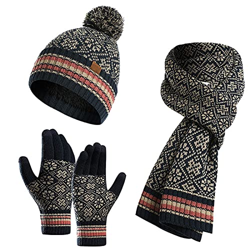 FEOYA Damen Handschuhe Schal Strickmütze 3in1 Kombiset Strickset Beanie Herren Winter Warm Fleecefutter Fäustlinge Strickhandschuhe Touchscreen-Handschuhe von FEOYA