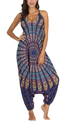 FEOYA Damen Haremshose Jumpsuit Aladinhose Hippie Pluderhose Overall Strandhose Boho Latzhose Nackenband Einteiler Pumphosen Freizeithose von FEOYA