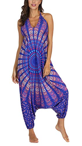 FEOYA Damen Haremshose Jumpsuit Aladinhose Hippie Pluderhose Overall Strandhose Boho Latzhose Nackenband Einteiler Pumphosen Freizeithose von FEOYA