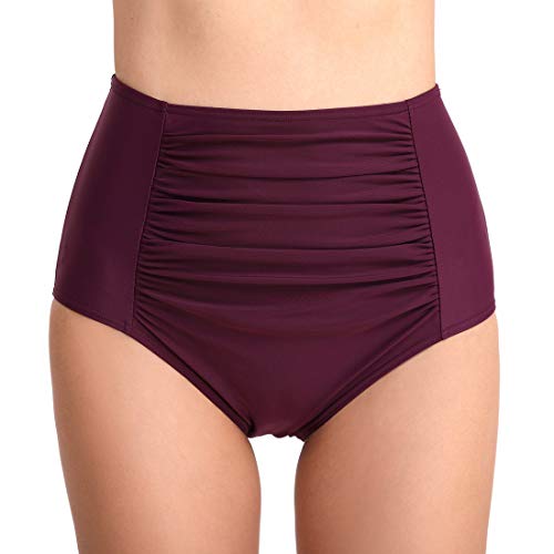 FEOYA Damen Hipster Bikini-Hose mit Raffungen Unifarben Bikinihose High Waist Ruched Tankinihose Hoch Geschnitten Badeshorts Bikinislip Bauch Weg Violett XL von FEOYA